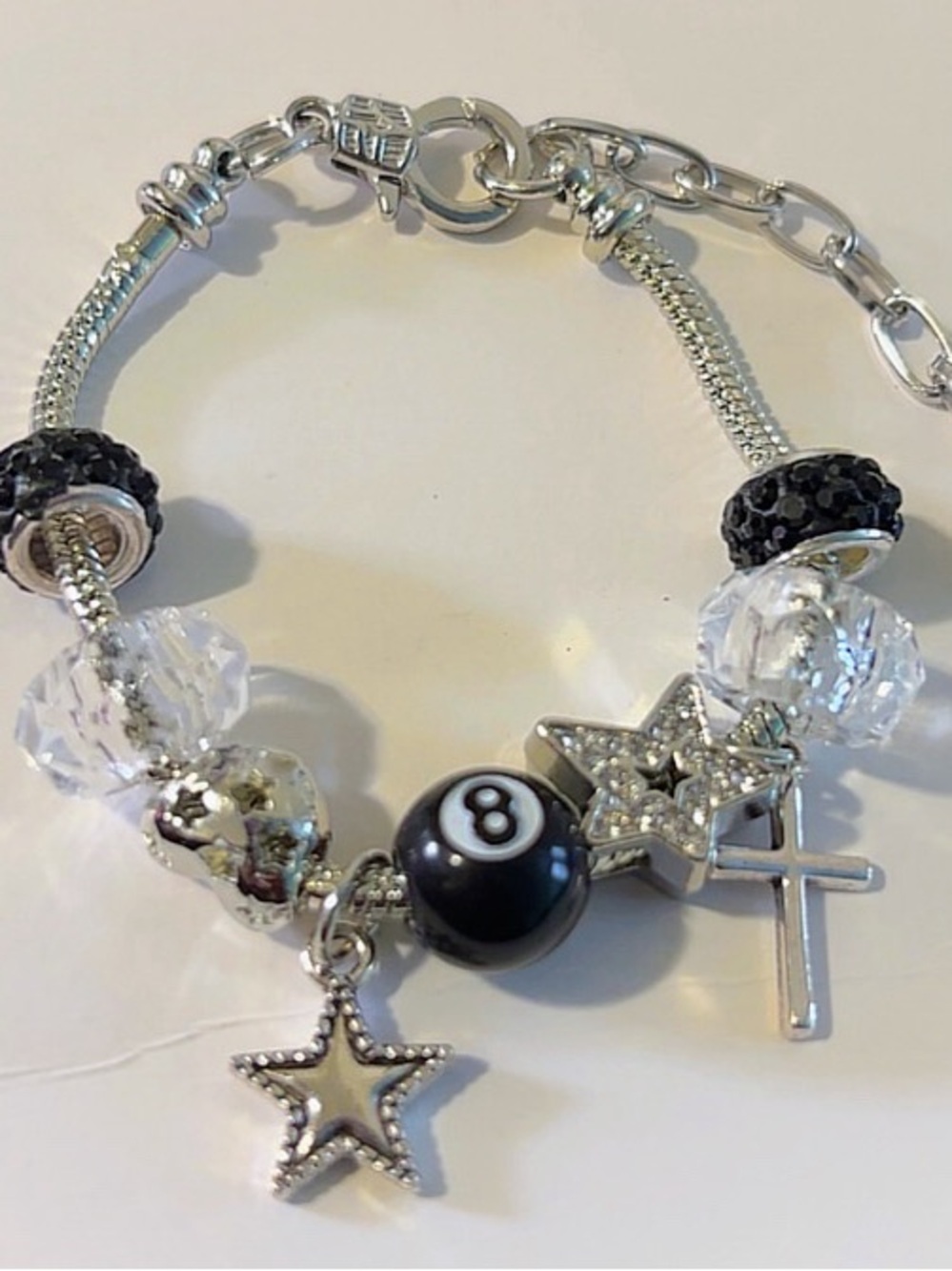 Silver-Tone Black & Clear Bead Charm Bracelet with Star and Cross
